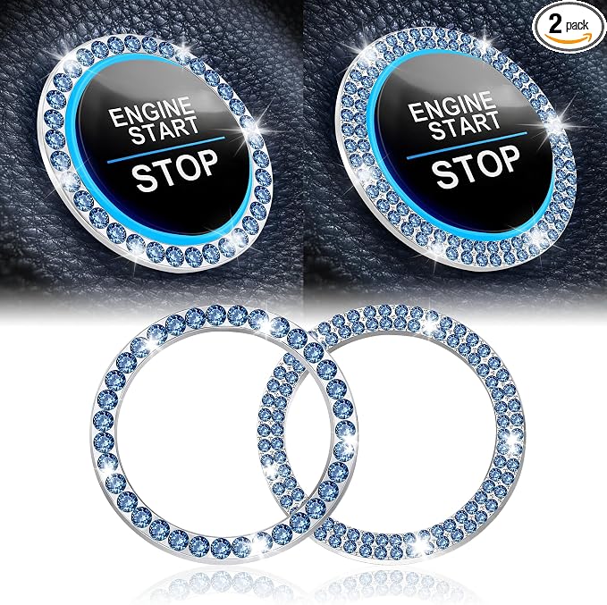 2 PCS Crystal Combinatorial Rhinestone Car Engine Start Decoration Ring, Push to Start Button Cover Sticker, Bling Car Interior Accessories for Women, Automotive Decals, Light Blue