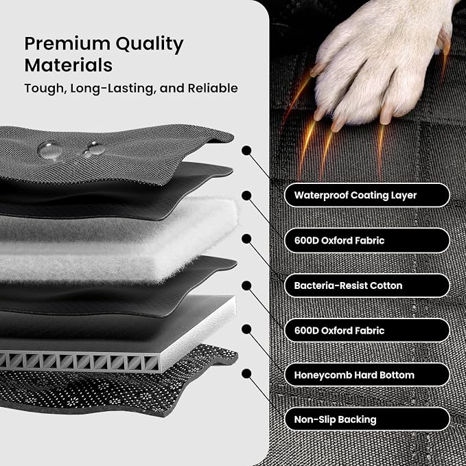 Dog Car Seat Cover for Back Seat, Hard Bottom Dog Hammock, Pet Bed Extender for 2-4 Large/Medium Dogs, Waterproof Seat Protector, Universal L Size for SUV Medium Truck, Black+Orange