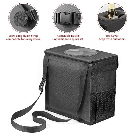 Car Trash Can with Lid - Car Accessories for Women Men, Vehicle Trash Bin Storage Bag, Truck Garbage Can Foldable with Metal Rack Support for Back Seat Hanging (2.4 Gallon/9L)