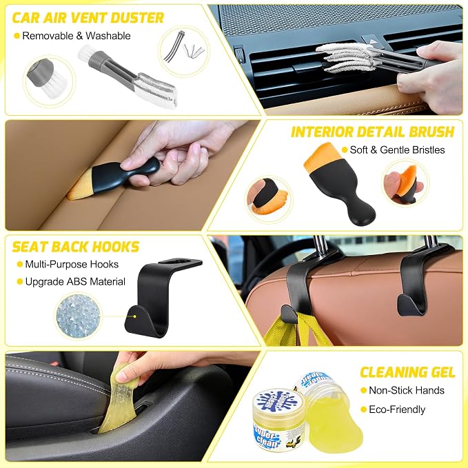 52PCS Car Detailing Kit Auto Cleaning Tools Wash Set with Storage Carry Bag Home Use for Interior Exterior Deep Clean Polish Car Care Windshield Dashboard Seat Air Vents Wheels Tires, Yellow