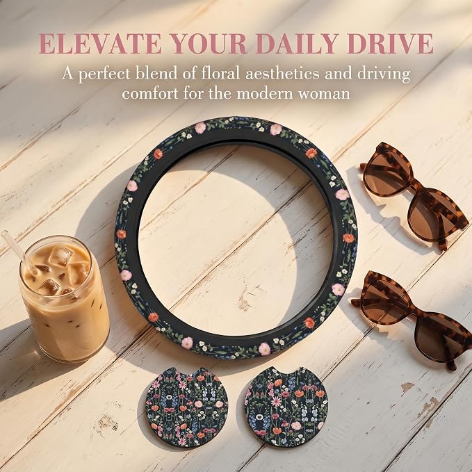 Wildflower Car Steering Wheel Cover + 2 Cute Floral Car Coasters 15 Inch | Multicolor Wildflower Steering Wheel Cover Anti-Slip Breathable Universal for Suitable for Men Women