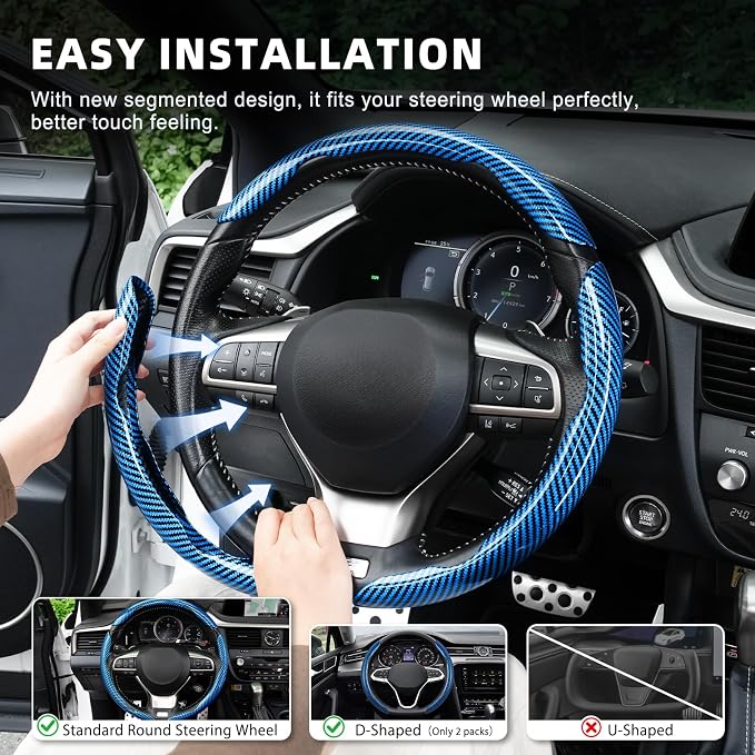 3pcs Carbon Fiber Anti-Skid Steering Wheel Cover, Waterproof Design, Universal Fit for 14-16 Inch Car Wheel Cover, Interior Car Accessories for Jeeps, SUVs, Trucks (Glossy Blue)