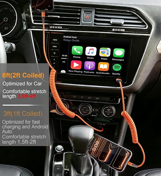 Coiled USB A to USB C Cable for Car [6FT, 2Pack], USB to USB C Cable Fast Charging 60W, USB Type C Cable iPhone Charger USBC Cord for iPhone 17/16/15/Pro Max/Plus/Samsung Galaxy S26/S25/Ultra-Orange