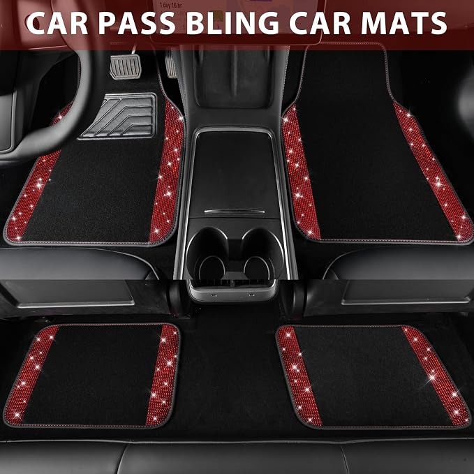 Bling Diamond Car Floor Mats, Shining Rhinestone Carpet Sparkly Glitter Crystal with Anti-Slip PVC Heel Pad Waterproof Universal Fit Automotive SUV,Sedan,Van,Cute Girl Women,4pcs Black Red