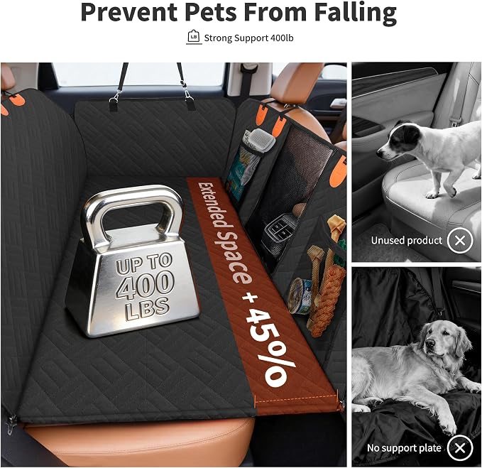 Dog Seat Cover for Full-Size Trucks & SUVs, 3-Section Hard Bottom, Waterproof & Nonslip Car Hammock for Large Dogs, Pet Truck Extender Cover, Spacious Space(+ 45%), Black
