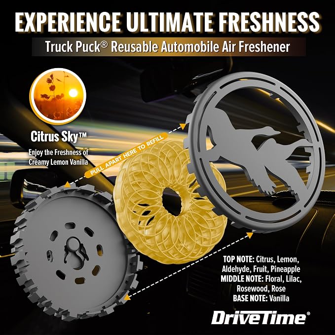 Truck Puck Citrus Sky Fragrancee Car Air Freshener – Long-Lasting Car Deodorizer, Refillable Vent & Visor Clip Auto Air Freshener for Car, Truck & SUV, Premium Fragrance, Pack of 3