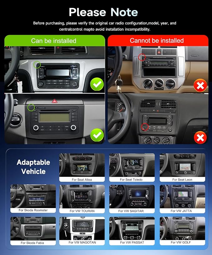 8Core 6G 128G Android Car Stereo for VW Passat Golf MK5 MK6 Jetta T5 EOS Polo Touran Seat Sharan Wireless Carplay Android Auto, 7'' Touchscreen Stereo with GPS Bluetooth WiFi FM/RDS DSP Rear Camera