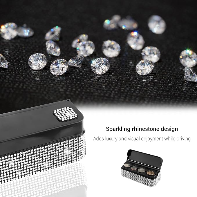 carleef Bling Coin Holder for Car,4 Compartment Car Organizers and Storage with Rhinestones Compatible with Quarter/Nickel/Pennies/Dimes,Universal Coin Organizer for Car Truck SUV (White)
