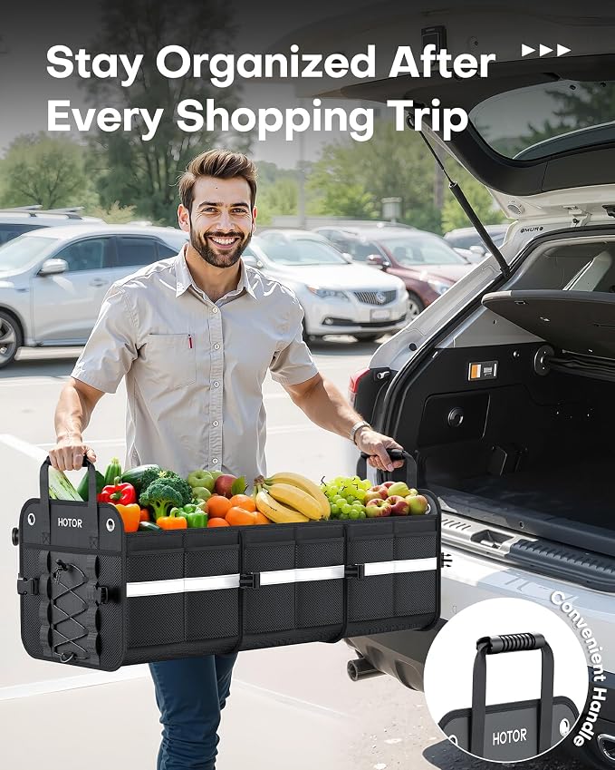Trunk Organizer for SUV – Car Storage Box with Reflective Strips, Collapsible Car Organizer with Large Capacity, Essential Car Accessories for Truck, Van & Sedan, Black, 33.1" x 13.0" x 12.0"