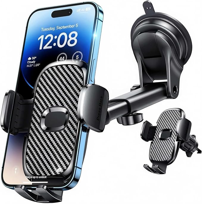 Car Phone Holder[Military-Grade 360°Suction Cup] Phone Holders for Your Car Universal Accessories Air Vent Dashboard Windshield Phone Mount Automotive Cradles Fit Shower & Wall Mounts iPhone