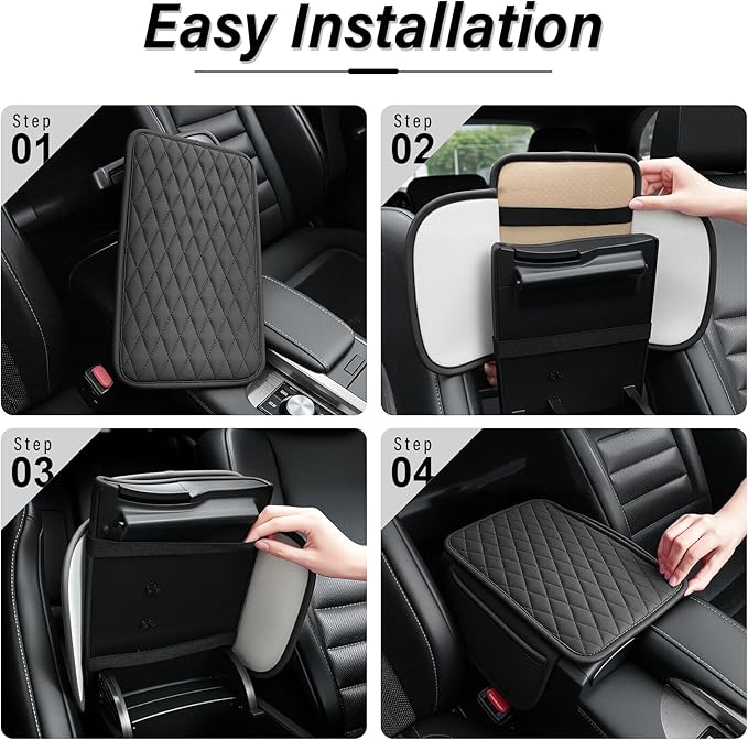 Car Center Console Cover, Upgraded Leather Car Armrest Cushion with 2 Storage Pockets, Universal Waterproof Cushion Pad, Non-Slip Car Interior Accessories, Fits Most Sedans SUVs Trucks (Black)