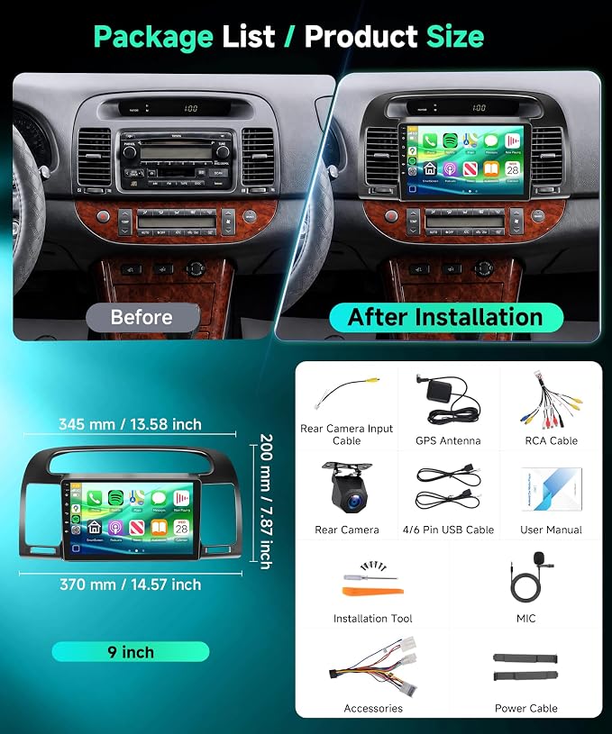 4G+64G Android Car Stereo Carplay for Toyota Camry 2000 2001 2002 2003 2004 2005 2006, 9 Inch Touch Screen Car Radio with GPS WiFi Bluetooth FM Mirror Link Android Auto Backup Camera