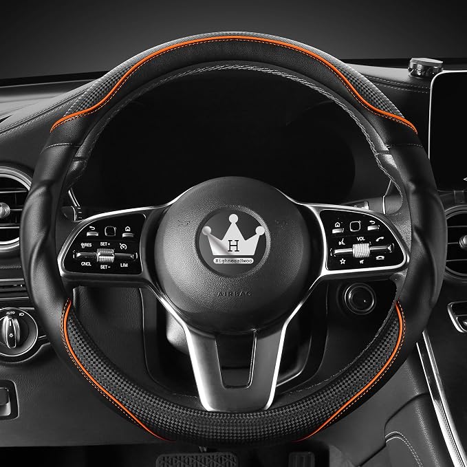 3D Car Steering Wheel Cover Comfort Grip Massage Sporty Anti-Slip Carbon Fiber Faux Leather for F150, Trucks, Jeep, Van, Car Handle Covers for All Seasons, 15.2-16in, Orange