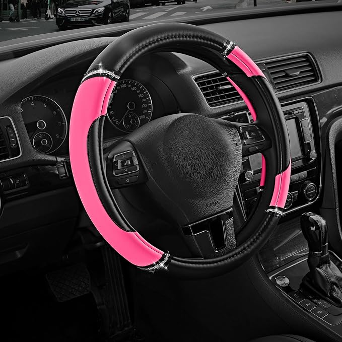 Leather Steering Wheel Cover - Made with PVC Leather - Anti-Slip, Universal Fit 14 1/2 inches to 15 inches - Hot Pink