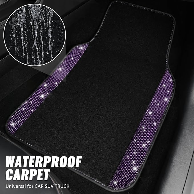 Bling Rhinestones Diamond Car Floor Mat, Crystal Sparkly Shining Glitter Carpet, Waterproof Anti-Slip PVC Heel Pad Universal Fit Interior Set SUV,Sedan,Van,4pcs Girl Women Men Violet Purple