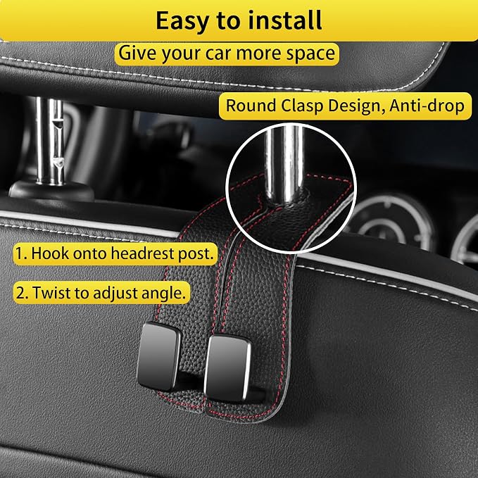 Car Purse Hook, Genuine Leather Car Seat Back Storage Hook, Purse Hook for Car Headrest, Twin Hook Leather Car Headrest Hangers, Bag Hook for Car, Trucks, SUVs, Most Vehicles (Black-2 PCS)