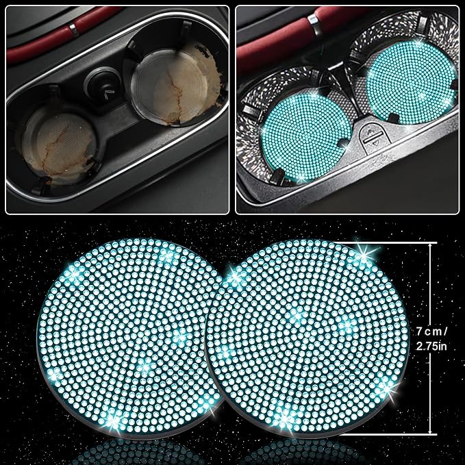 8 pcs Bling Car Accessories Set for Women, Steering Wheel Cover, Sparkly Seat Belt Covers, Bling Gear Shift Cover, Universal Fit Most Cars (Aquamarine Diamond)