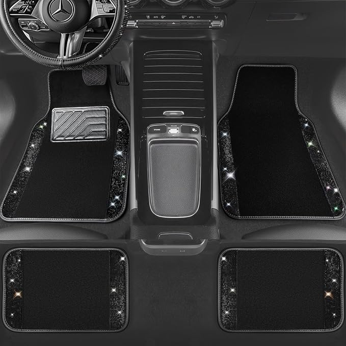 Bling Diamond Leather Steering Wheel Cover 14.5in-15in Floor Mats Shining Rhinestone Carpet Sparkly Glitter Crystal Anti-Slip Pad Fit Automotive SUV Pickup Truck Girl Women, 5pcs Black