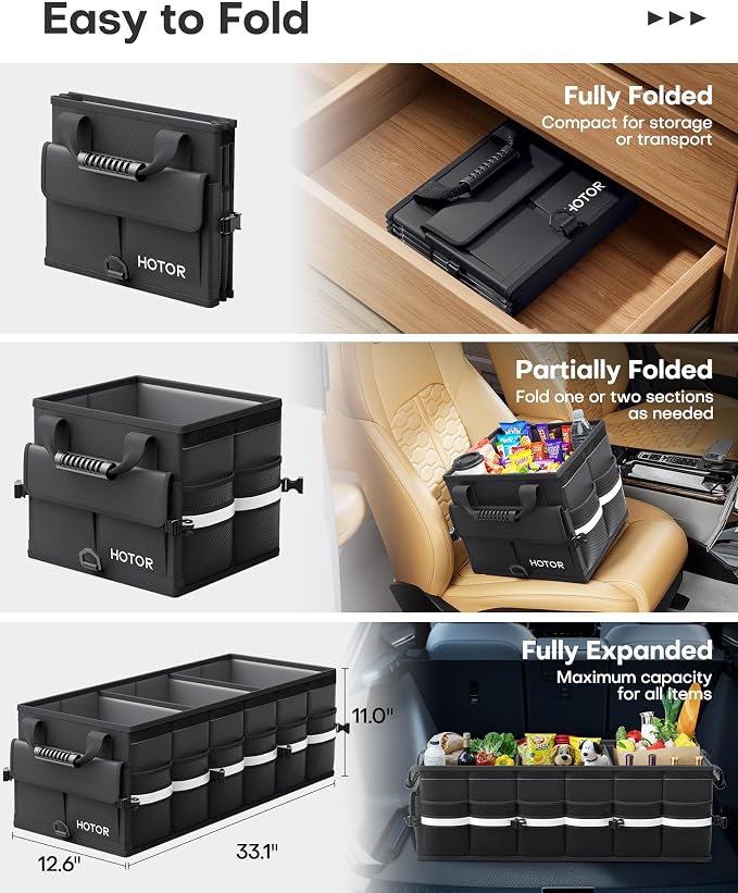 Car Trunk Organizer - Trunk Organizer for SUV with Removable Cooler Bag, Foldable Cover, 3 Compartment Car Storage Essential Car Accessories for Truck, Van & Sedan, Black, 33.1" x 12.6" x 11.0"