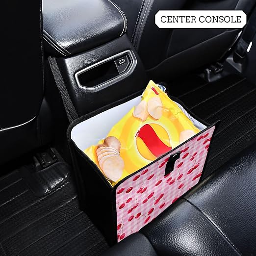 Car Trash Can Organizer Bin with Adjustable Strap for Back Front Seat Console Waterproof Leakproof Collapsible Portable 8.66 Inch Pink Juicy Checkered Cherry