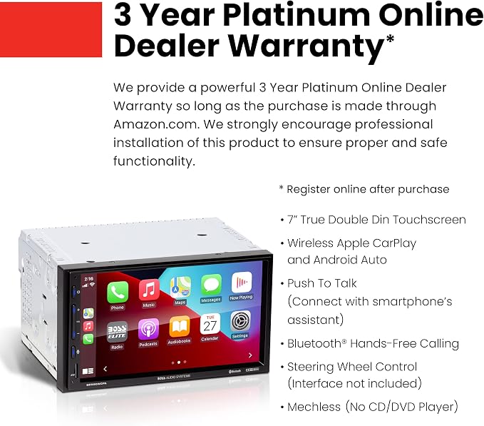 Elite BE920WCPA Car Stereo - 7" Display, Wireless Apple CarPlay & Android Auto Head Unit, Double DIN Touch Screen Car Stereo, Bluetooth, AM/FM Radio, USB, No CD/DVD Player