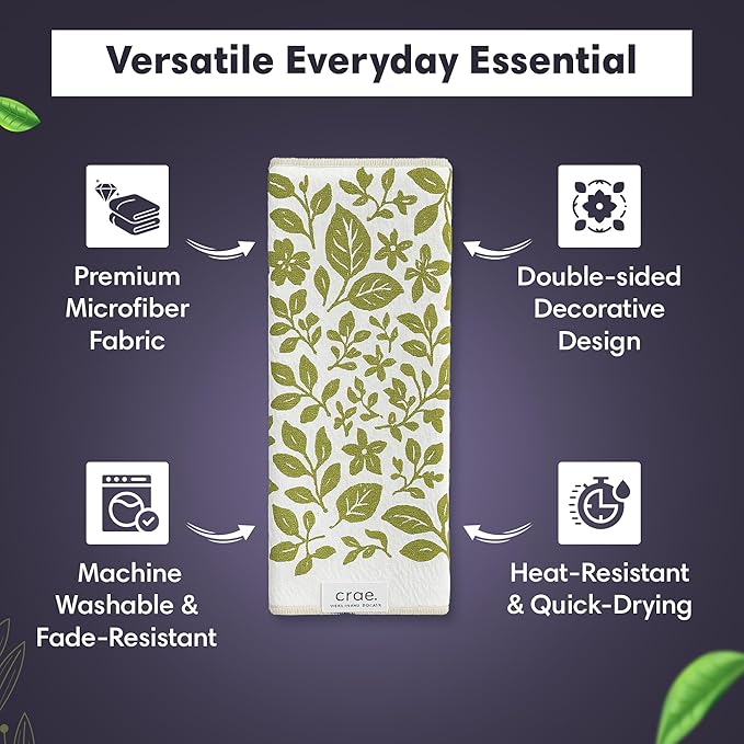 crae. Double Sided Microfiber Hand Towels, 17x27 Inches Waffle Design Kitchen Towels Set, Durable & Soft Fast Drying Hand Wash Cloth and Dishcloth for Everyday Use at Home (Pat & Tricky- Green/Cream)
