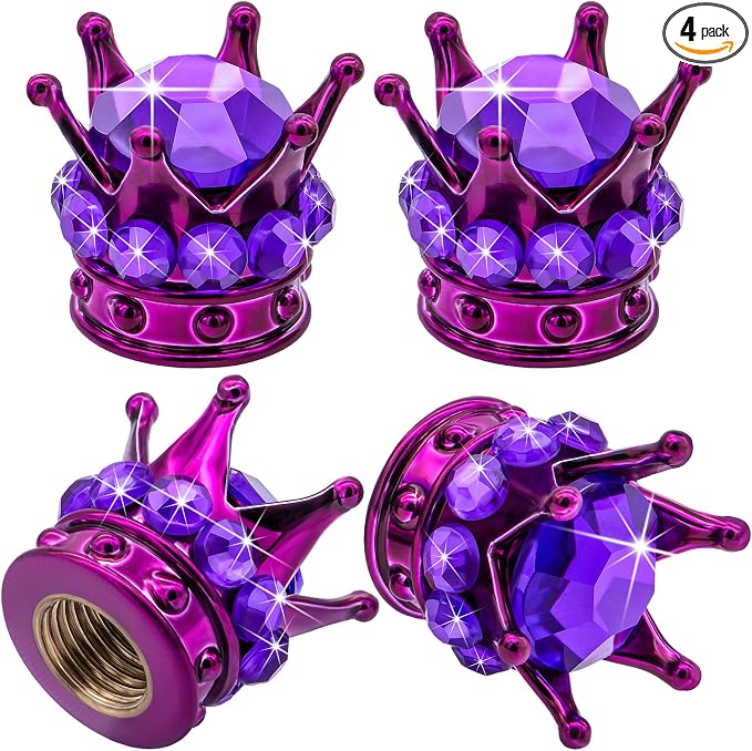 4PCS Crown Bling Tire Stem Valve Caps, Crystal Diamond Car Wheel Tire Valve Caps Universal Copper Core Stem Covers for Cars, SUV, Trucks, Bikes, Motorcycles, Bicycles (Purple)