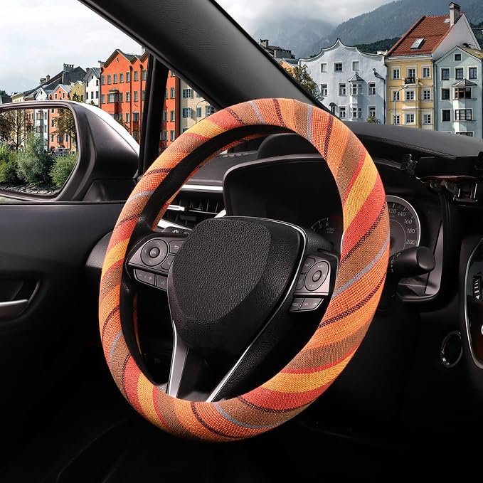 Boho Steering Wheel Cover with Baja Blanket Cloth, Ethnic Style Auto Wheel Cover Made of Coarse Flax, Fits 14 1/2-15 1/4 inches Car Wheel