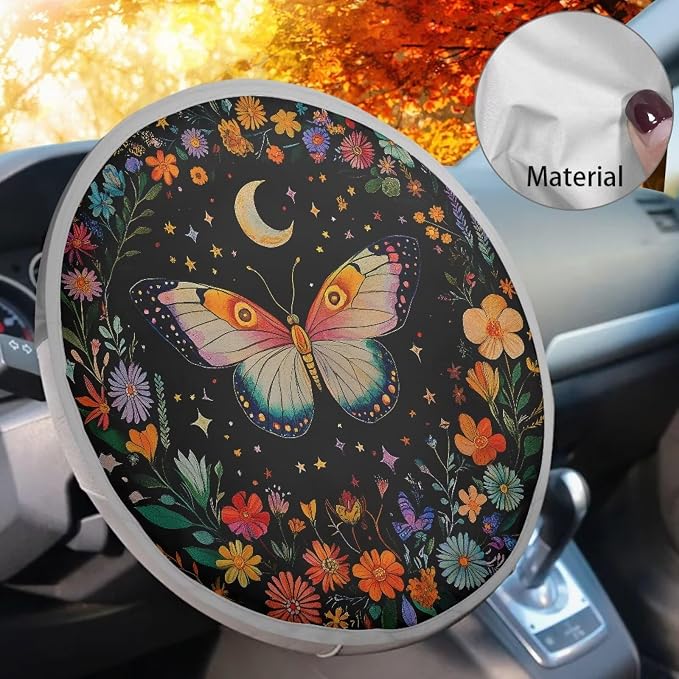 Butterfly Car Steering Wheel Cover Sun Shade,Anti-Heat Steering Wheel Protector,Universal 17 inch Auto Steering Wheel Sun Block Cover,Cute Steering Wheel Accessories for Women
