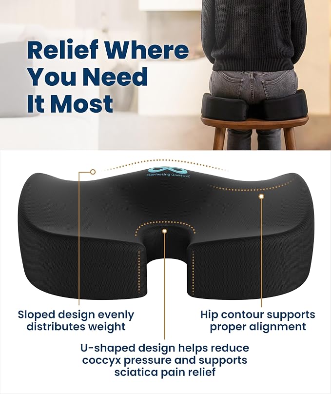Doctor Recommended Memory Foam Seat Cushion for Office Chairs & Car - Ergonomic Office Desk Accessories - Cushions for Tailbone Pain Relief, Sciatica (Black, X-Large)