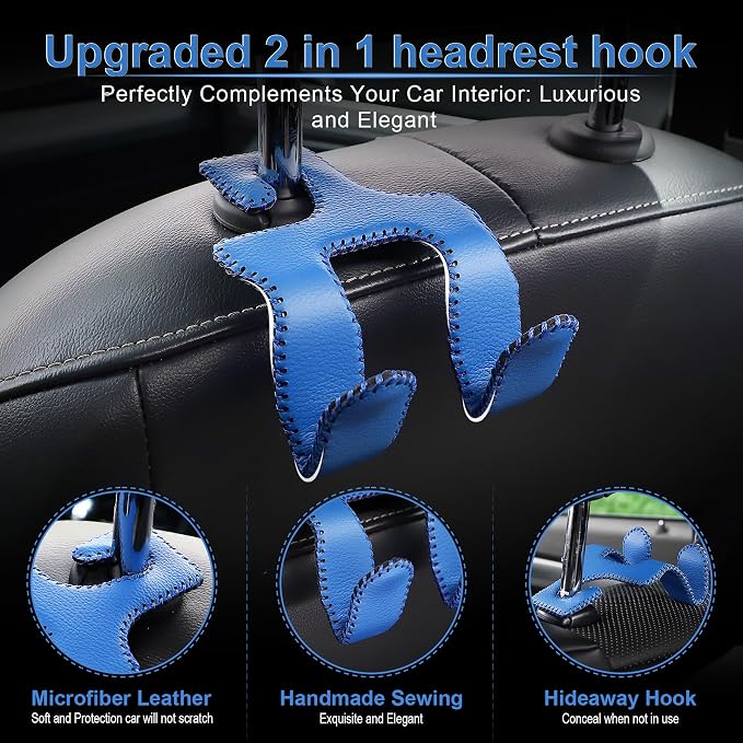 Upgraded Superior Leather Car Seat Back Headrest Hook, 2 in 1 Auto Seat Hook Hangers Holder Organization Interior Accessories for Purses Coats Umbrellas Grocery Bags Handbag (Blue)