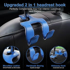 Upgraded Superior Leather Car Seat Back Headrest Hook, 2 in 1 Auto Seat Hook Hangers Holder Organization Interior Accessories for Purses Coats Umbrellas Grocery Bags Handbag (Blue)