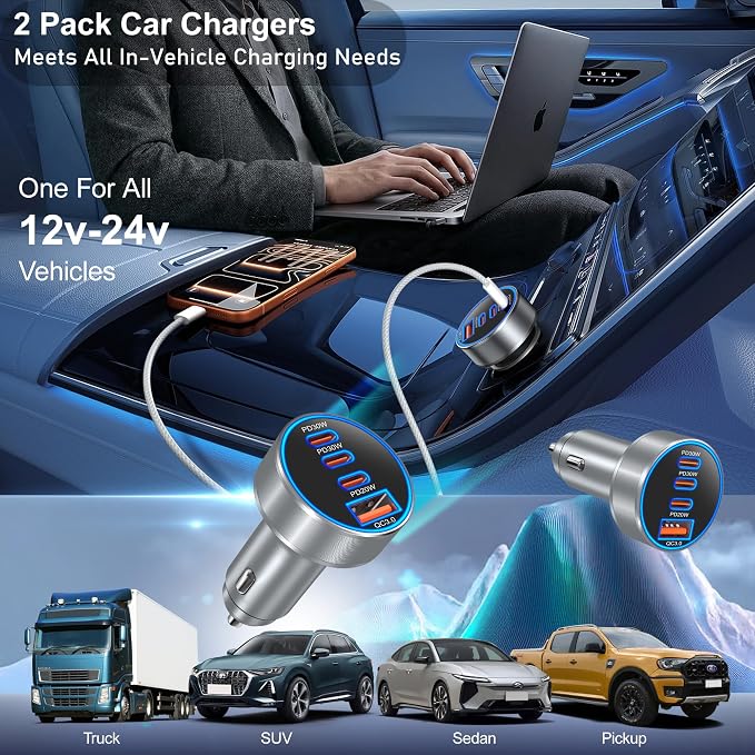 USB C Car Charger, 98W Super Fast Charging Cigarette Lighter Adapter Multiport 12V-24V USB Phone Car Charger Plug for iPhone 17 17e 16 15 14 13 12 Pro Max Pad Galaxy Pixel Android(Gray)