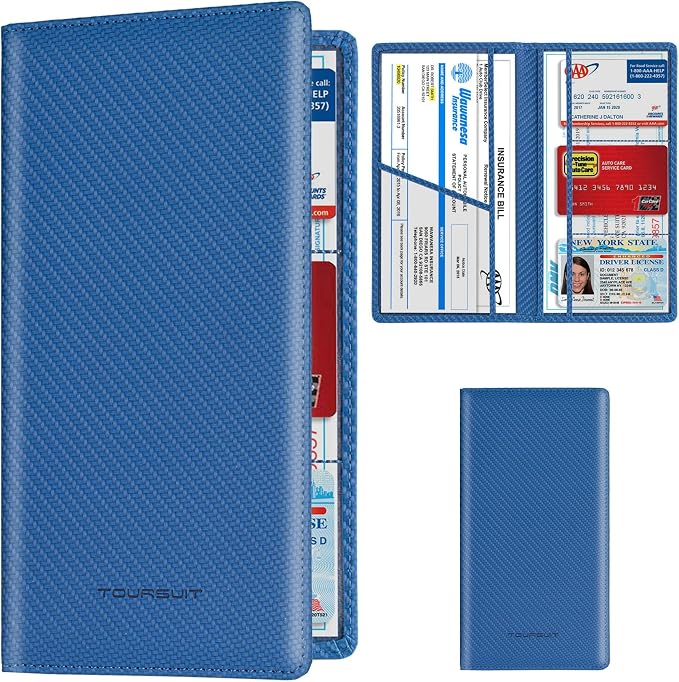 Car Registration and Insurance Card Holder, Vehicle License Document Glove Box Compartment Organizer, Essential Car Wallet Case for Driver Auto Owners (Carbon Blue)