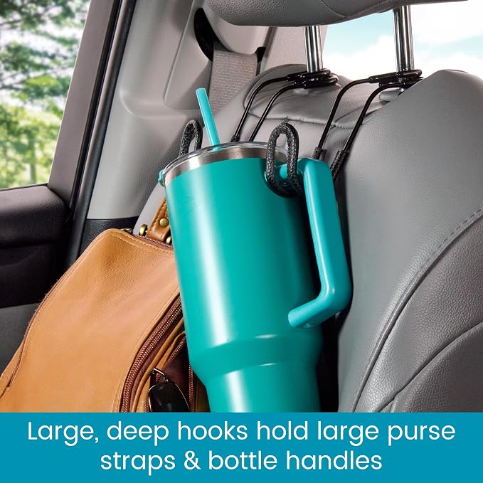Car Hooks for Purses and Bags with Leather Trim - Unbreakable Car Seat Hooks for Large Purse Straps and Heavy Bags up to 40 lbs - Secure Attachment Loops Fit All Headrest Posts, 2-Pack