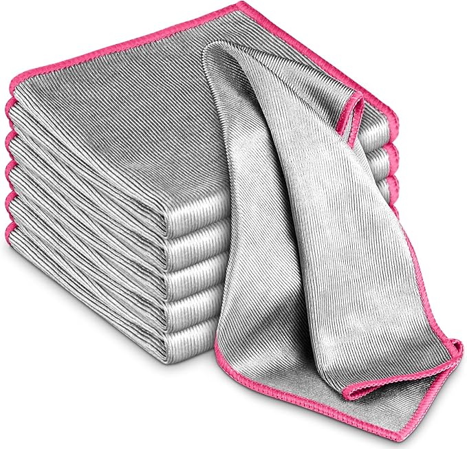 Airlab Glass Polishing Cloth Streak Free Miracle Cleaning Cloth Lint Free Microfiber Cleaning Rags for Glasses Kitchen Dish Mirrors Easy Clean, Pack of 6, 12" x 12", Sliver-Pink