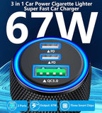 USB C Car Charger, 2Pack 3-Port 67W Dual PD USB-C&USB-A Car Power Cigarette Lighter USB Charger 3 in 1 PD/QC Type C Fast Car Charge for iPhone 17 17 Pro Max 16 15 14 13 12/Galaxy S26 S25/Pixel