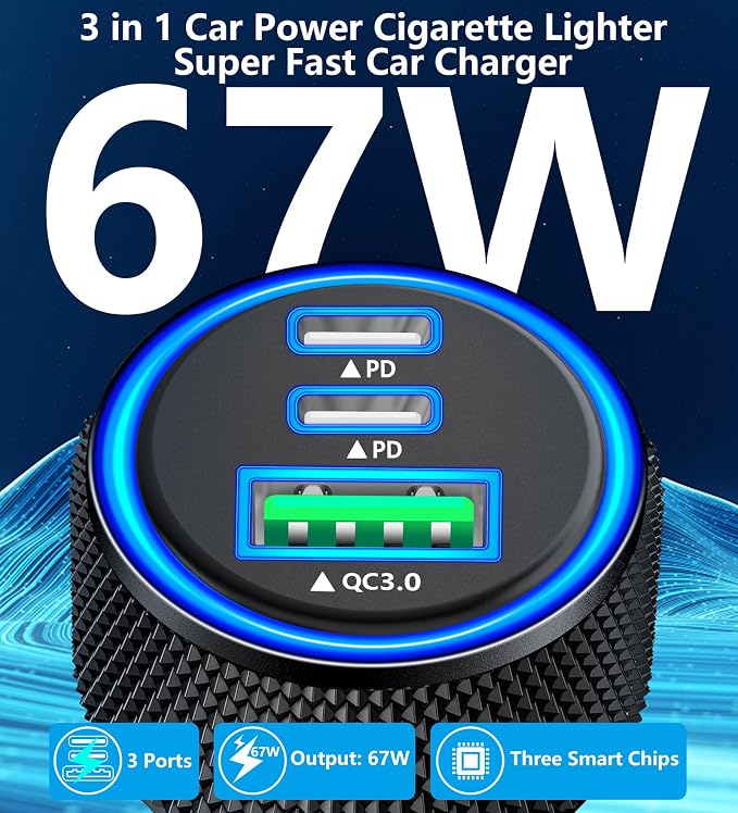 USB C Car Charger, 2Pack 3-Port 67W Dual PD USB-C&USB-A Car Power Cigarette Lighter USB Charger 3 in 1 PD/QC Type C Fast Car Charge for iPhone 17 17 Pro Max 16 15 14 13 12/Galaxy S26 S25/Pixel