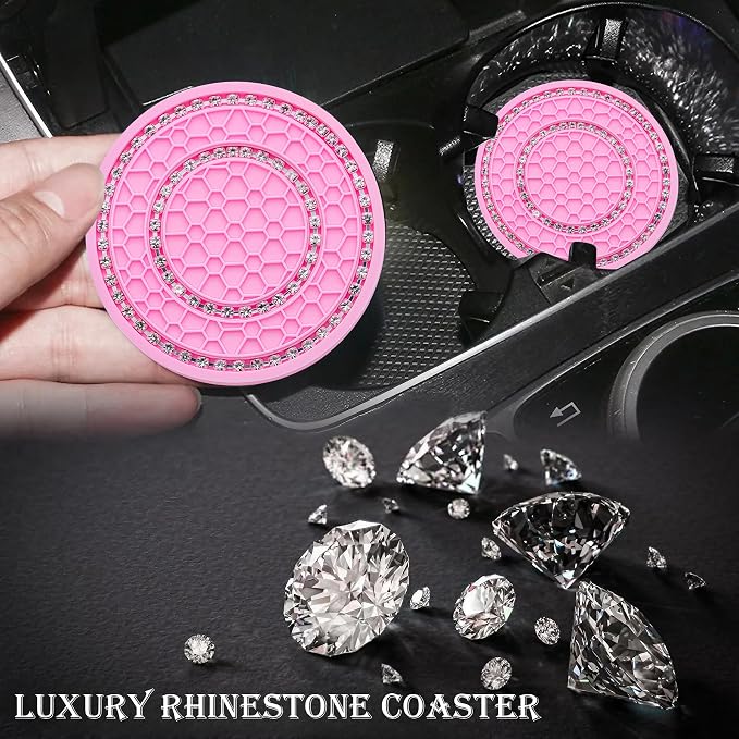 4PCS Bling Crystal Rhinestone Cup Holder Coaster, 2.75 inch Soft Silicone Anti-Slip Shockproof, Car Cup Holder Insert Coasters, Universal Car Interior Accessories for Women (Pink & White)