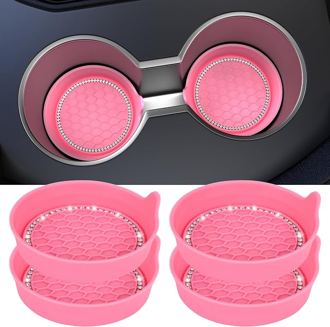 Car Cup Coaster Universal Non-Slip Cup Holders Bling Crystal Rhinestone Car Interior Accessories 4 Pack Peach Pink