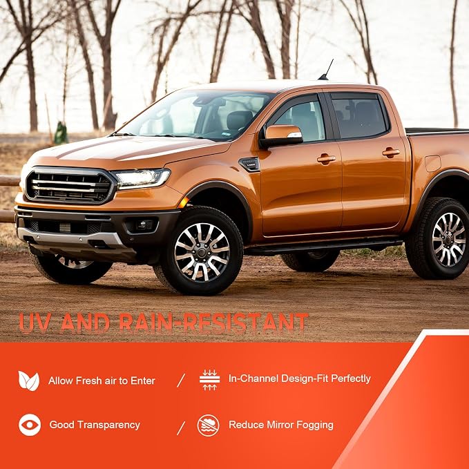 in-Channel Rain Guards Compatible with Ford Ranger SuperCrew 2019 2020 2021 2022 2023, Durable Side Windows Rain Guard, 2019-2023 Ranger Wind Deflectors Black 4Pcs