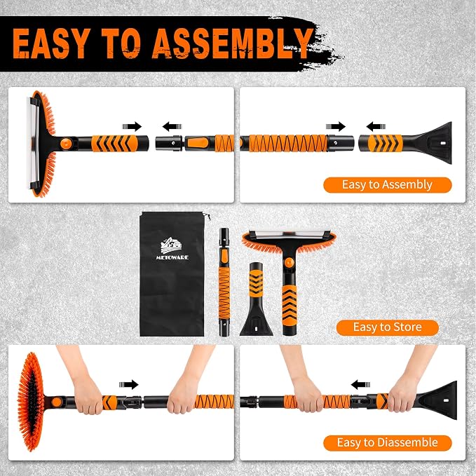 44'' Snow Brush and Ice Scrapers for Car Windshield, Extendable Snow Brush for Car with Ergonomic Foam Grip and 360° Pivoting Brush Head for Car SUV Truck