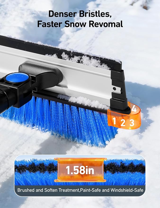 47.2" Ice Scrapers for Car Windshield, 3 in 1 Sturdy Snow Brush with Squeegee, 10 Adjustable Length Settings, Extendable Aluminum Handle, 180° Pivoting Snow Scraper for Car, Truck, SUV(Blue)