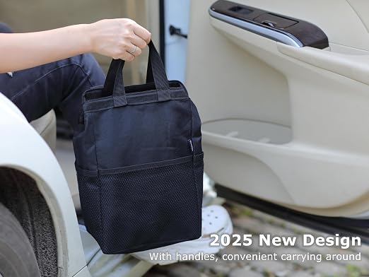 New Leak-Proof Travel Trash Bag, Hanging Car Trash Can with Hook and Loop Lid and Handle, Multipurpose Trash Bin with Storage Pockets for Car SUV Truck RV Camping 2 Gallons, Black
