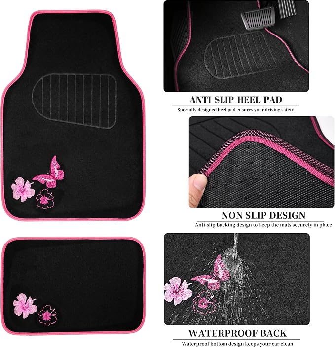 Embroidery Butterfly Steering Wheel Cover and Waterproof Car Floor Mats,Pink Car Mats 14.5-15inch Steering Wheel Covers Universal Fit for Cars, Suvs,Sedans,Van,for Women Girl(Black and Pink)