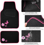 Embroidery Butterfly Steering Wheel Cover and Waterproof Car Floor Mats,Pink Car Mats 14.5-15inch Steering Wheel Covers Universal Fit for Cars, Suvs,Sedans,Van,for Women Girl(Black and Pink)