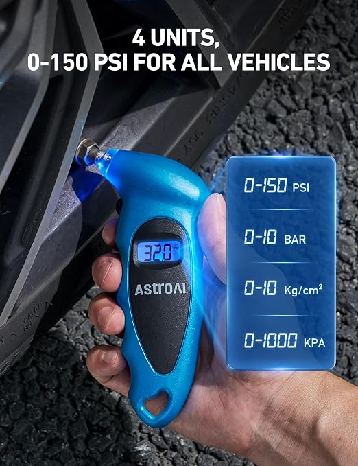 Digital Tire Pressure Gauge 0-150PSI Calibrated to ANSI B40.7 +/-1PSI, Accurate in 0.1 Increments, Tire Repair Tools 4 Pressure Measurements for Car Truck with Backlight LCD, Blue