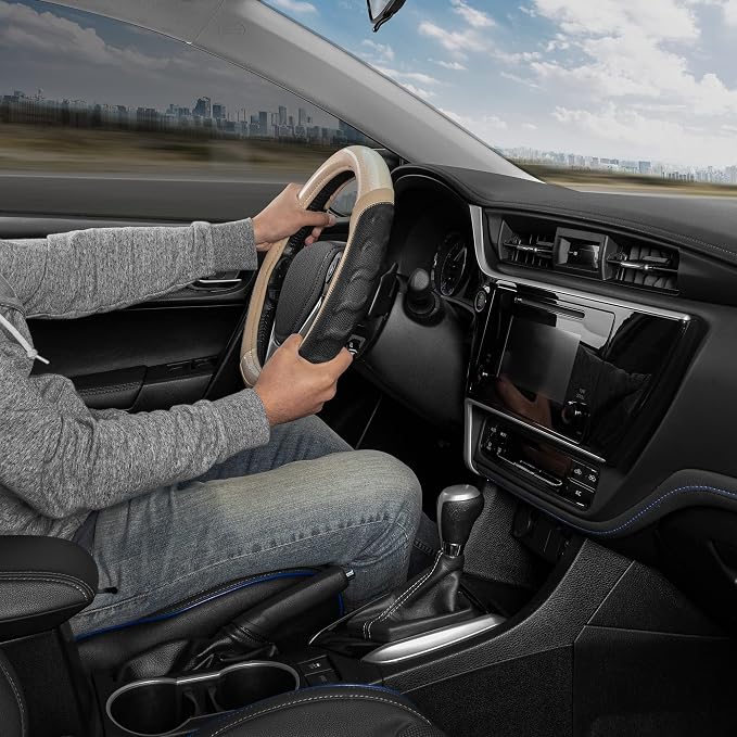 UltraSport Beige Carbon Fiber Steering Wheel Cover, Standard 15 inch Size, Black Faux Leather Comfort Grip, Car Steering Wheel Cover for Auto Truck Van SUV