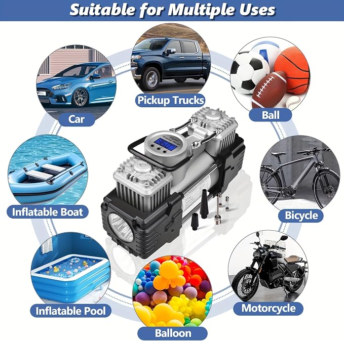 Dual Cylinder Tire Inflator Air Compressor, 150 PSI 12V DC Portable Air Pump with Digital Display, LED Flashlight, Auto Shut-Off, Heavy Duty for Truck, SUV, Car, RV (SILIVER)