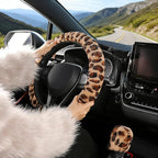 Furry Car Steering Wheel Cover with Gear Shift Cover, Soft and Warm, Cute Fluffy Auto Decor for Women Men, Standard Size, 2 PCS Set, Brown Leopard